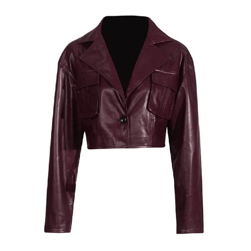 Exclusive Access Vintage Notch Lapel Patch Pocket One Button Crop Faux Leather Jacket Exclusive Access Vintage Notch Lapel Patch Pocket One Button Crop Faux Leather Jacket