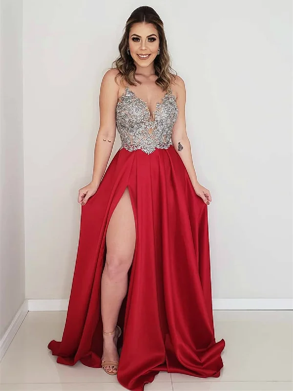Customer Appreciation Sale A Line V Neck Backless Lace Appliques Red/Light Blue Prom Dresses with Slit, Lace Backless Red/Light Blue Formal Dresses, Lace Evening Dresses