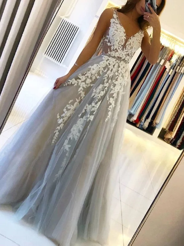 Discount Days Grey Tulle V Neck White Lace Floral Long Prom Dresses, Long Grey Lace Formal Graduation Evening Dresses