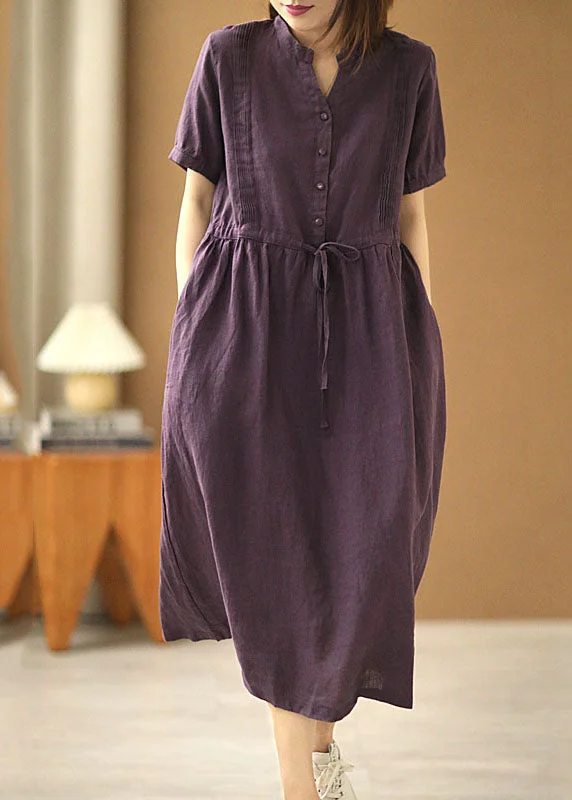 backless dressbackless dressVintage Purple V Neck Wrinkled Tie Waist Linen Long Dresses Short Sleeve