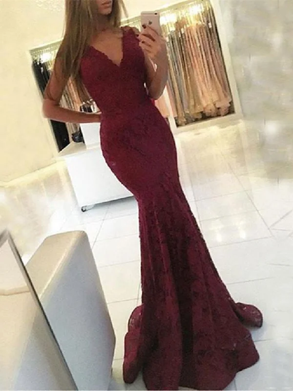 lace dresslace dressBurgundy V Neck Mermaid Lace Prom Dress, Mermaid Formal Dress, Lace Bridesmaid Dress