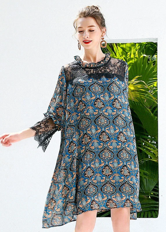 New Markdowns Women Blue Print Ruffled Lace Patchwork Hollow Out Chiffon Dresses Summer