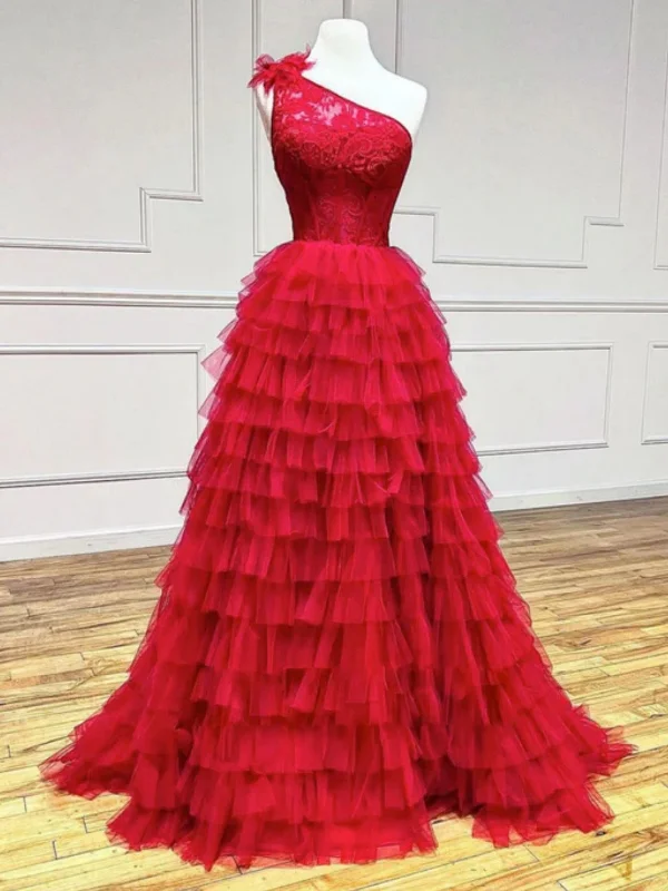 draped dressdraped dressOne Shoulder Layered Tulle Red Lace Long Prom Dresses, Red Lace Formal Graduation Evening Dresses SP2508