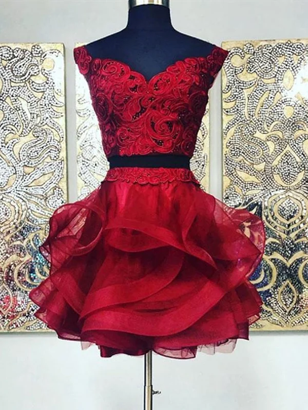 A-line dressA-line dressTwo Pieces Short Burgundy Lace Prom Dresses, Burgundy Lace Formal Graduation Homecoming Dresses